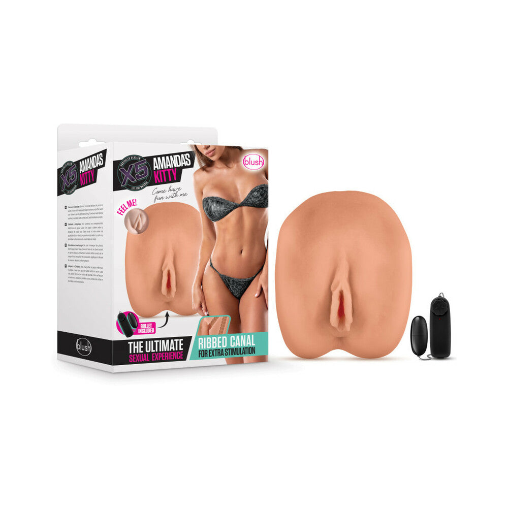 Blush X5 Men Amanda''s Kitty Dual Entry Masturbator with Remote-Controlled Bullet Vibrator Tan
