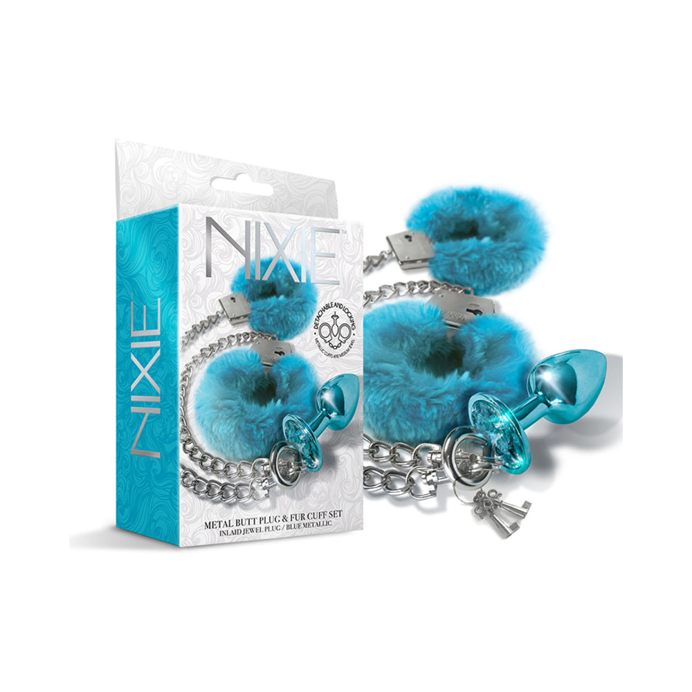 Nixie Metal Butt Plug & Furry Handcuff Set Medium Blue Metallic