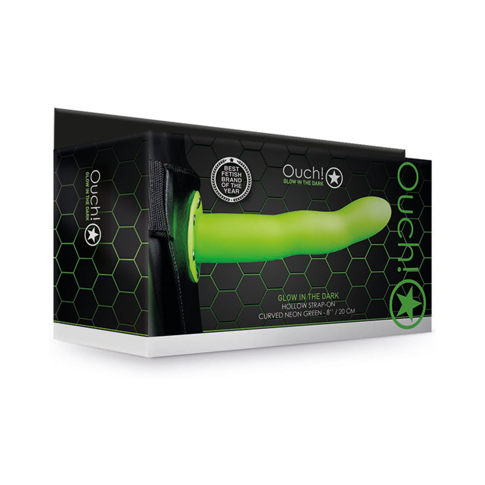 Ouch! Curved 8 in. Glow in the Dark Hollow Strap-On Neon Green