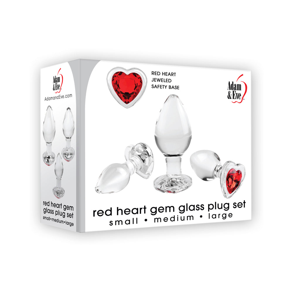 Adam & Eve 3-Piece Glass Anal Plug With Red Gemstone Heart Base Set