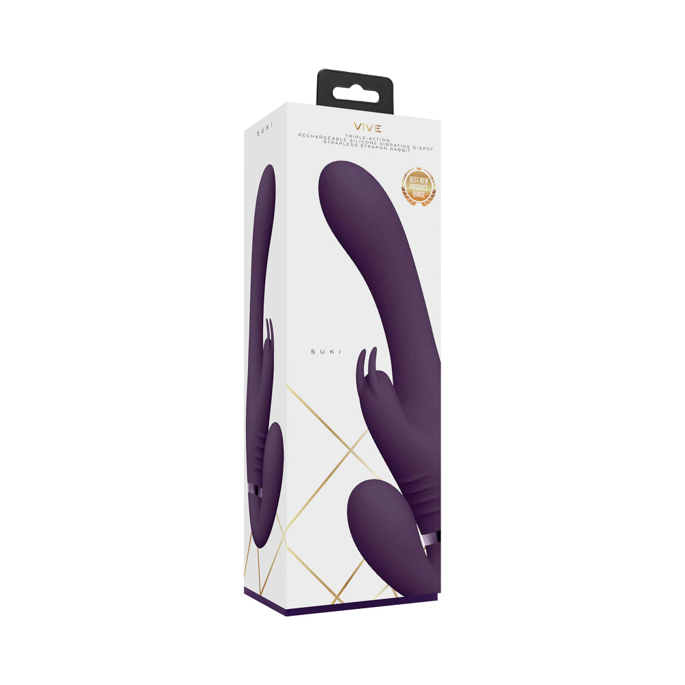 VIVE SUKI Rechargeable Triple Motor Pulse-Wave Vibrating Silicone Strapless Strap-On Purple