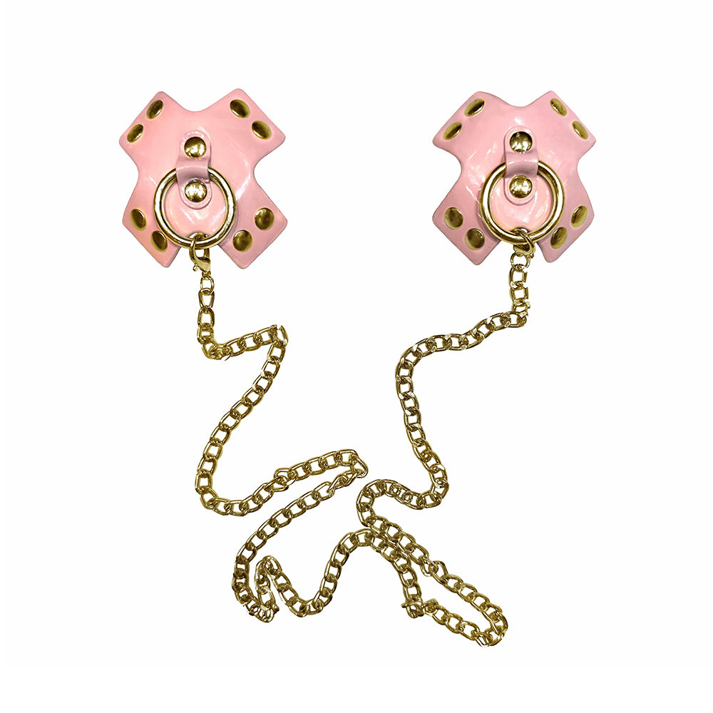 Neva Nude Pierced ''N Punked Pink Leather Gold Chain Reusable Silicone Nipple Cover Pasties