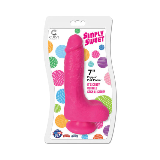Curve Toys Simply Sweet Poppin'' Pink Pecker 7 in. Dildo with Balls & Suction Cup