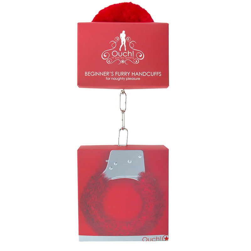 Ouch! Beginner''s Furry Handcuffs With Quick-Release Red