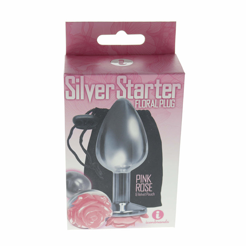 the 9''s The Silver Starter Rose Floral Stinless Steel Butt Plug Pink