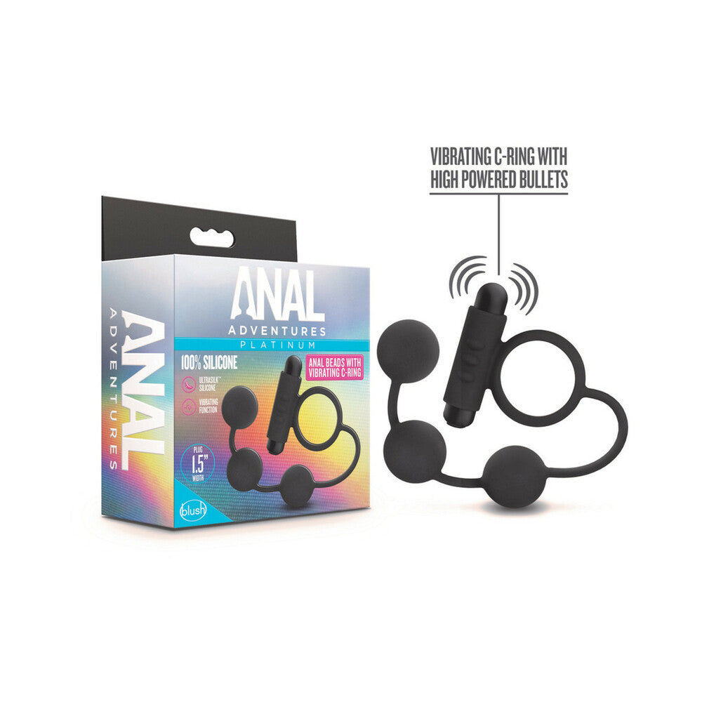 Blush Anal Adventures Platinum Silicone Anal Beads with Vibrating C-Ring Black