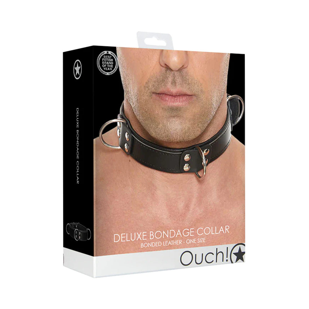 Ouch! Bonded Leather Deluxe Bondage Collar Black O/S
