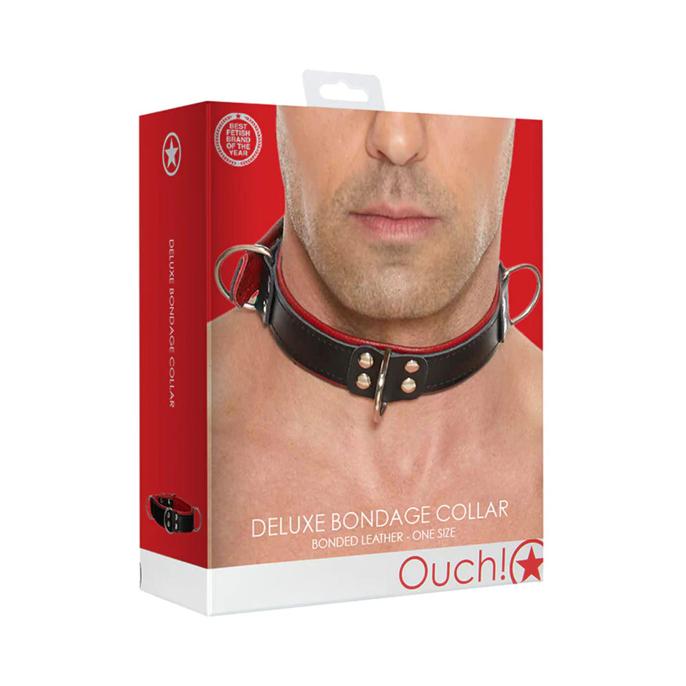 Ouch! Bonded Leather Deluxe Bondage Collar Red O/S