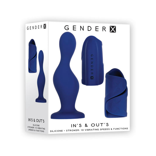 Gender X In''s & Out''s Rechargeable 5 in. Silicone Dildo and Vibrating Silicone Stroker Set Blue