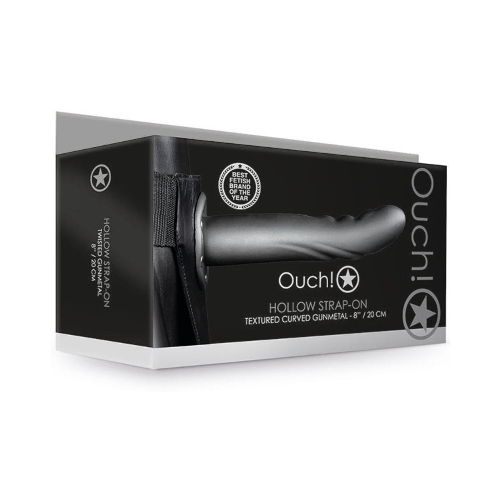 Ouch! Textured Curved 8 in. Hollow Strap-On Gunmetal