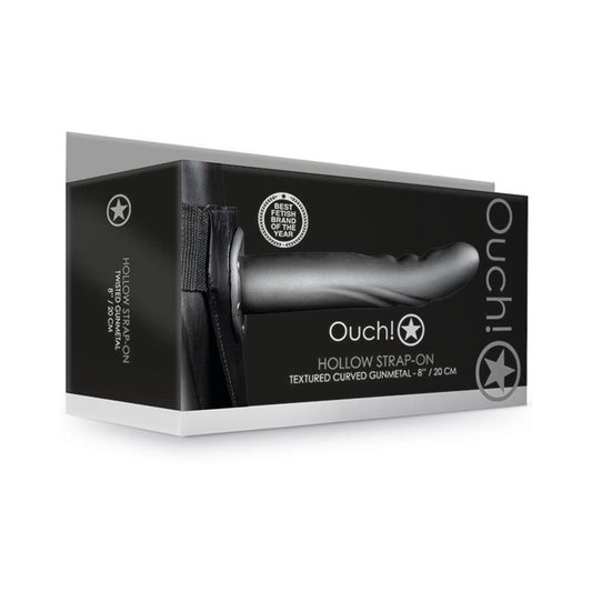 Ouch! Textured Curved 8 in. Hollow Strap-On Gunmetal