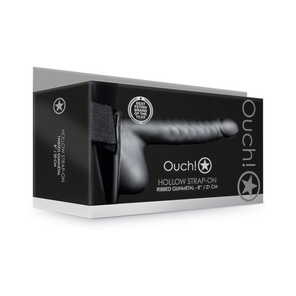 Ouch! Ribbed 8 in. Hollow Strap-On with Balls Gunmetal