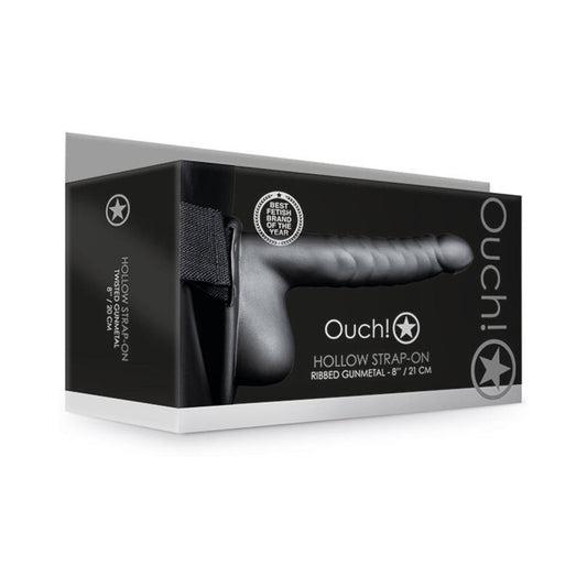 Ouch! Ribbed 8 in. Hollow Strap-On with Balls Gunmetal