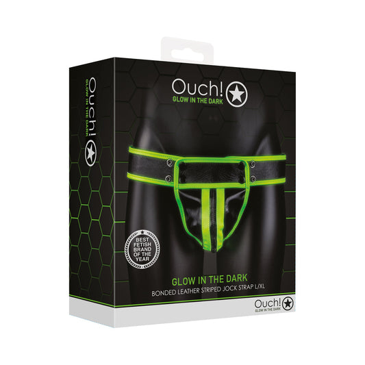 Ouch! Glow in the Dark Bonded Leather Striped Jock Strap Neon Green L/XL