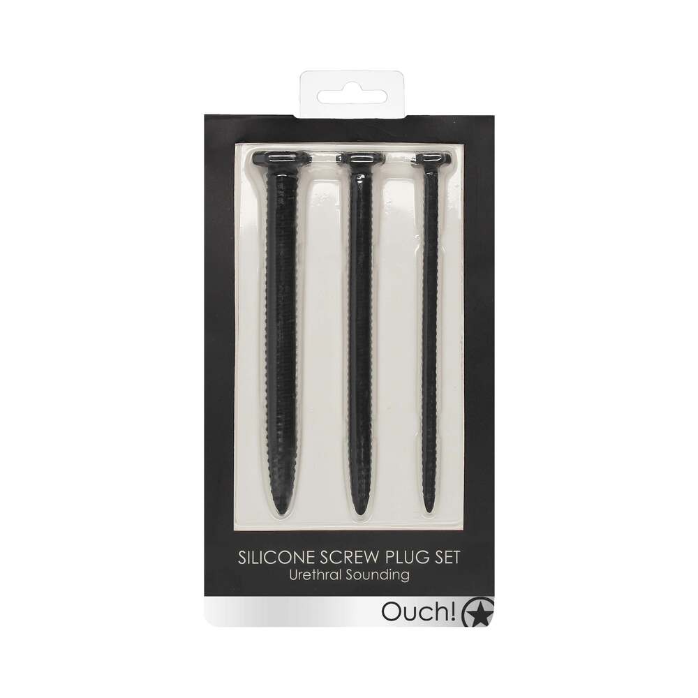 Ouch! Urethral Sounding Textured Silicone Screw Plug Set Black 9 mm / 13 mm / 16.5 mm