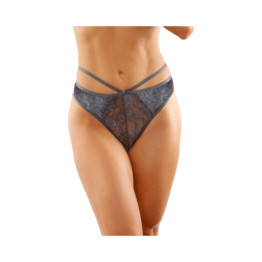 Kalina Velvet Strappy Cut-Out Thong With Keyhole Back Gray L/XL