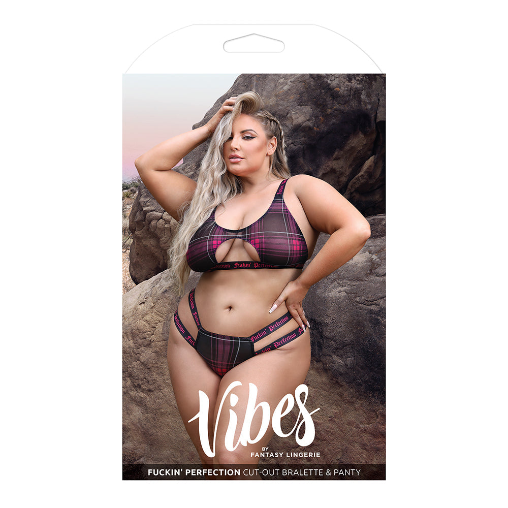Fantasy Lingerie Vibes Fuckin'' Perfection Plaid Mesh Cut Out Bralette & Panty Black Queen Size